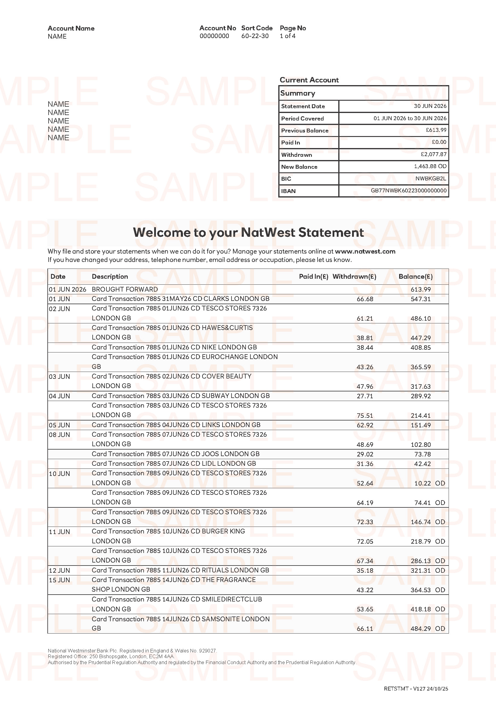 NatWest Bank Statement