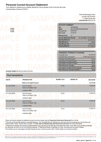 Metro Bank Statement